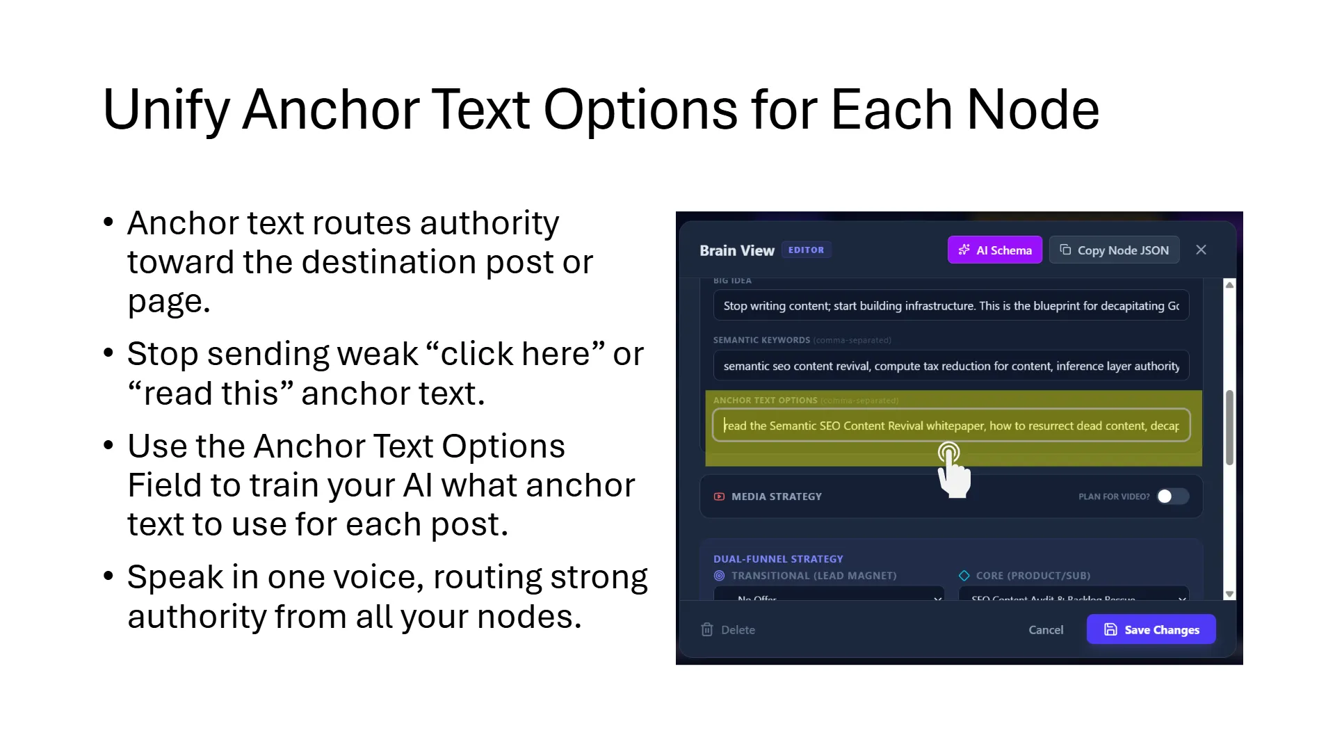 Slide 6 of 11, titled 'Unify Anchor Text Options for Each Node', presents four bullet points and a screenshot of an AI content editor interface. The bullet points instruct users to route authority with anchor text, avoid weak phrases like 'click here', use the 'Anchor Text Options Field' to train AI, and maintain a consistent voice. The screenshot, labeled 'Brain View EDITOR', displays fields for 'BIG IDEA', 'SEMANTIC KEYWORDS' (e.g., 'semantic seo content revival'), and a highlighted 'ANCHOR TEXT OPTIONS' field containing 'read the Semantic SEO Content Revival whitepaper, how to resurrect dead content, decap'. A cursor points to this field, indicating interaction. Other visible elements include 'AI Schema' and 'Save Changes' buttons, illustrating an AI-driven approach to anchor text optimization.
