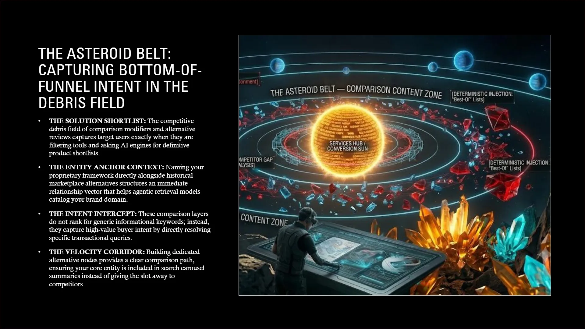 A futuristic diagram titled 'THE ASTEROID BELT: CAPTURING BOTTOM-OF-FUNNEL INTENT IN THE DEBRIS FIELD'