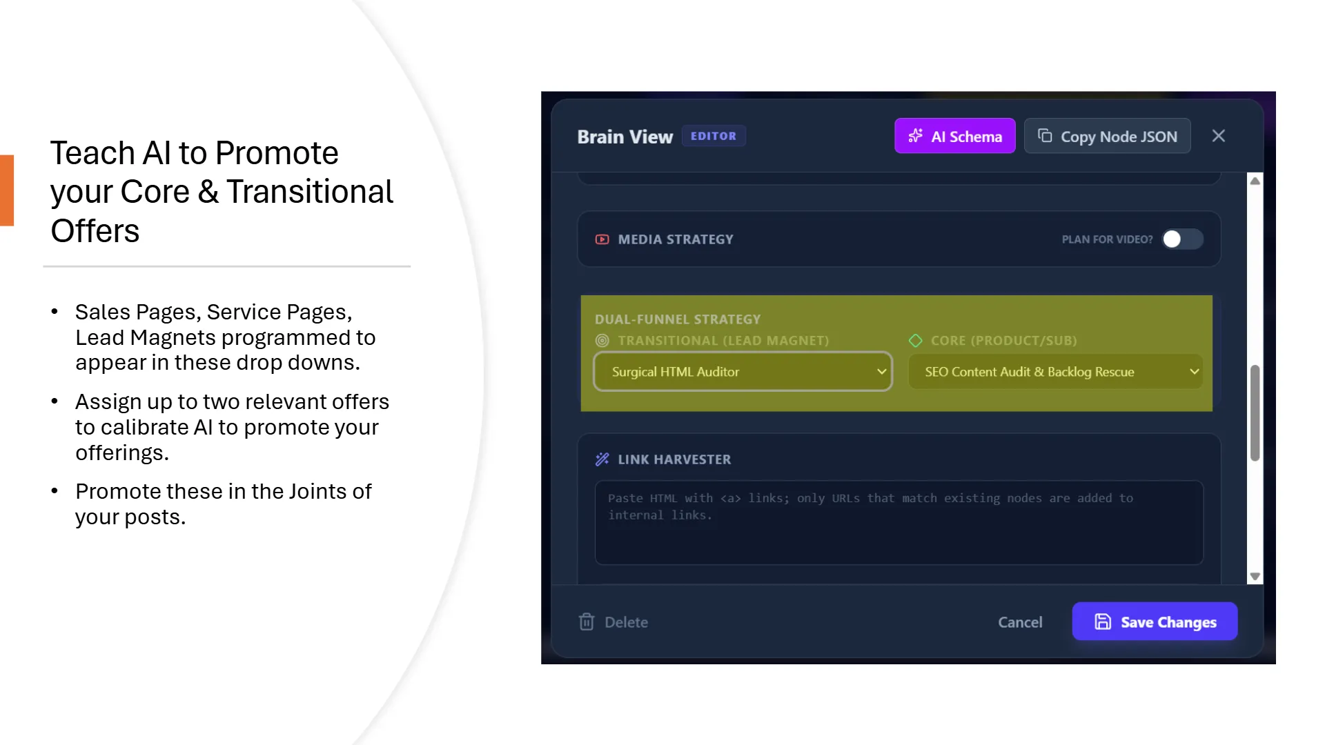 slide-07 AI content platform UI, 'Brain View Editor,' configuring a 'Dual-Funnel Strategy.' Under 'TRANSITIONAL (LEAD MAGNET),' 'Surgical HTML Auditor' is selected, and under 'CORE (PRODUCT/SUB),' 'SEO Content Audit & Backlog Rescue' is chosen. The interface also features a 'MEDIA STRATEGY' section with a 'PLAN FOR VIDEO?' toggle and a 'LINK HARVESTER' for generating internal links from HTML. Accompanying text instructs users to program sales pages, service pages, and lead magnets into dropdowns, assign up to two relevant offers to calibrate AI promotion, and promote these within posts.