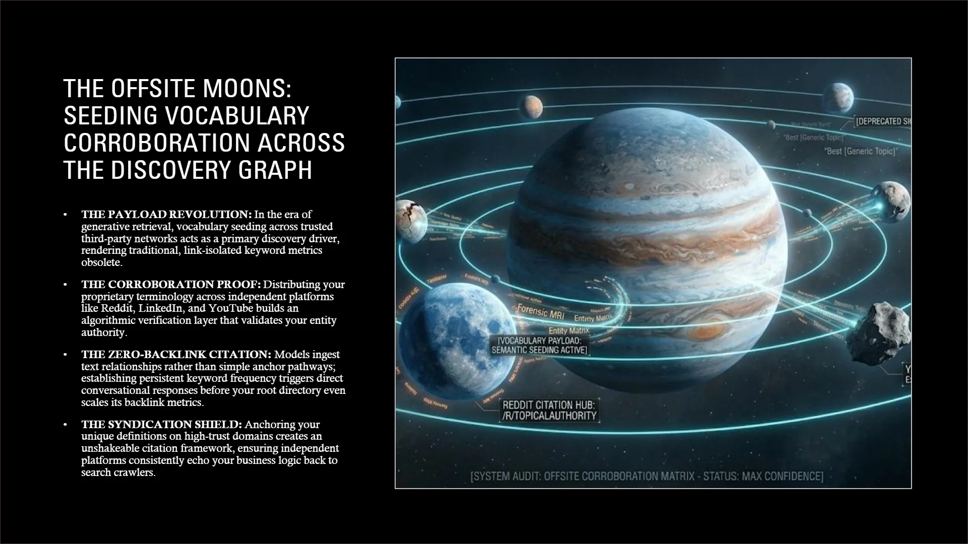 Diagram detailing Moons and off-site corroboration layers for vocabulary optimization.