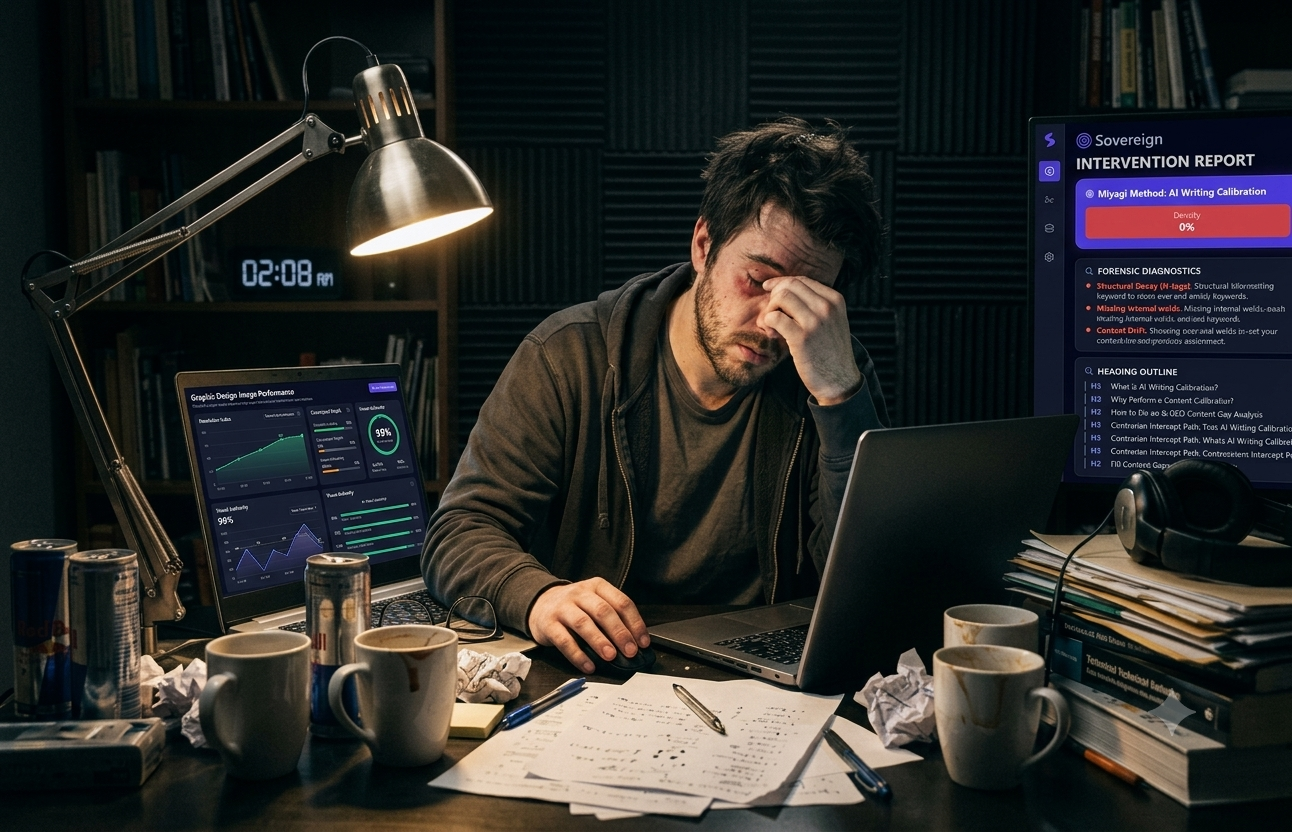 Didactic Alt-Text: A tired content creator leaning forward at a desk cluttered with papers, staring with frustration at a laptop monitor, illustrating the exhaustion of manual media optimization and the WordPress Media Library Chore.