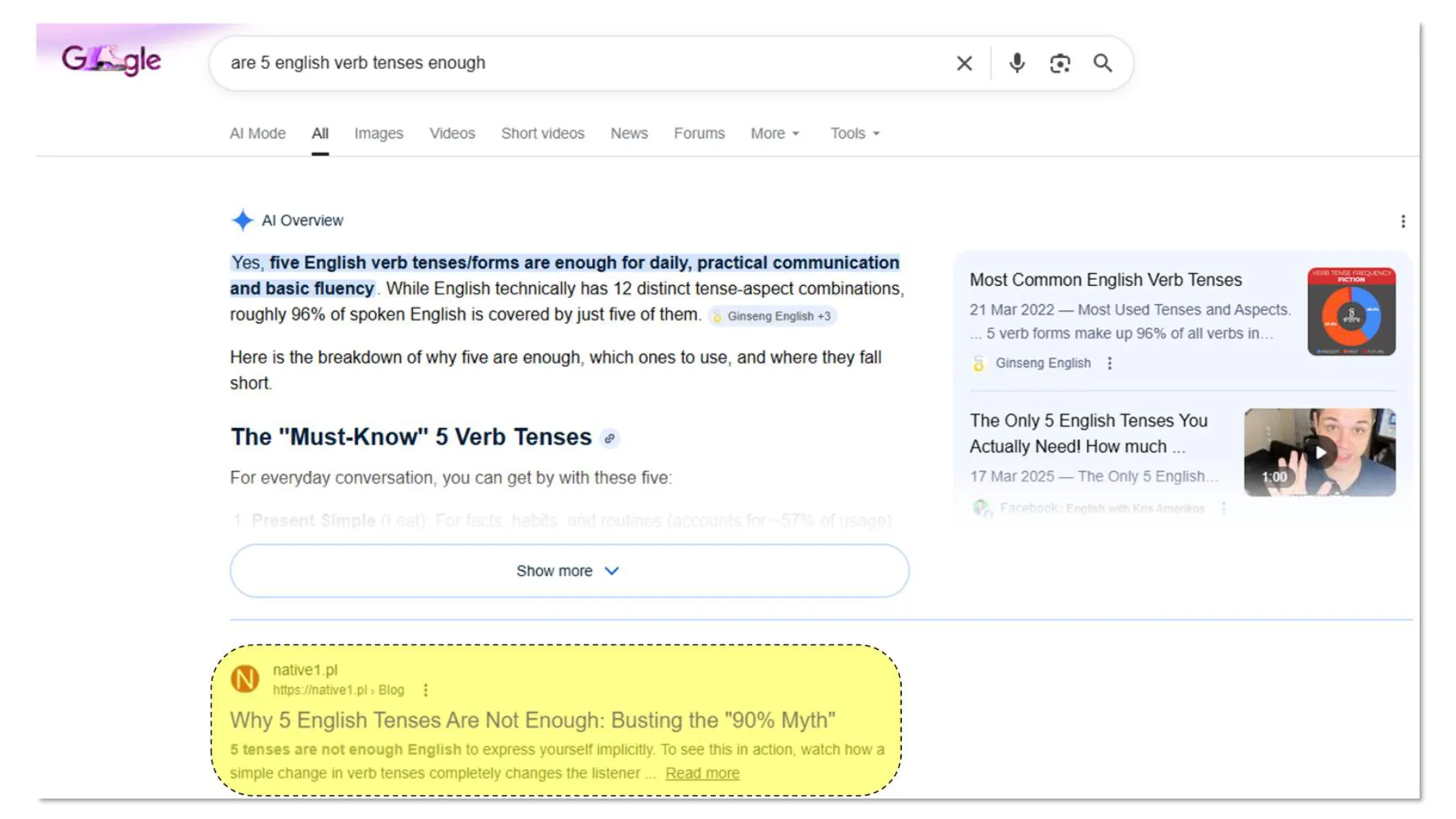slide-02 Google SERP for 'are 5 english verb tenses enough' displaying an AI Overview that states 'Yes, five English verb tenses/forms are enough for daily, practical communication and basic fluency' and cites 'Ginseng English'. Directly below, an organic search result from native1.pl, titled 'Why 5 English Tenses Are Not Enough: Busting the "90% Myth"', explicitly contradicts the AI Overview by stating '5 tenses are not enough English to express yourself implicitly.'