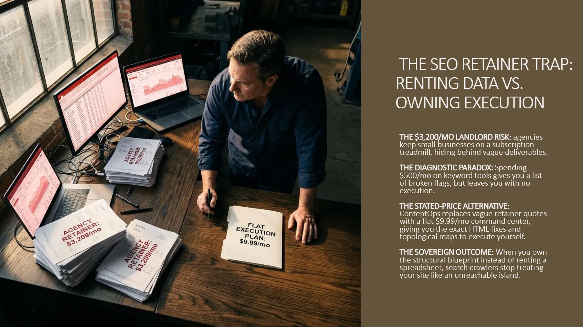 A man stands at a desk with three monitors displaying SEO data and charts. Stacks of papers on the desk are labeled 'AGENCY RETAINER: $3,200/mo', contrasting with a single sheet titled 'FLAT EXECUTION PLAN: $9.99/mo'. Slide text reads 'THE SEO RETAINER TRAP: RENTING DATA VS. OWNING EXECUTION', detailing the '$3,200/MO LANDLORD RISK' of vague agency retainers, the '$500/mo DIAGNOSTIC PARADOX' of tools without execution, and 'THE STATED-PRICE ALTERNATIVE' from ContentOps at '$9.99/mo' for actionable execution plans, leading to 'THE SOVEREIGN OUTCOME' of owning the structural blueprint.