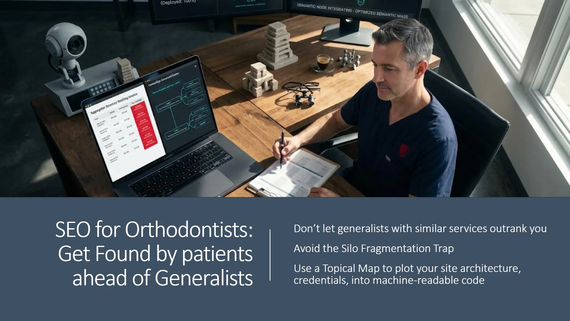A male professional orthodontist in blue scrubs sits at a wooden desk, writing on a clipboard. His laptop displays an 'Aggregator Inventory Booking Invoice' table with red-highlighted rows and a site architecture flowchart. A background monitor shows 'SEMANTIC NODE INTEGRATING - OPTIMIZED SEMANTIC MASS.' The slide's prominent text reads: 'SEO for Orthodontists: Get Found by patients ahead of Generalists,' with strategic advice: 'Don't let generalists with similar services outrank you,' 'Avoid the Silo Fragmentation Trap,' and 'Use a Topical Map to plot your site architecture, credentials, into machine-readable code.'