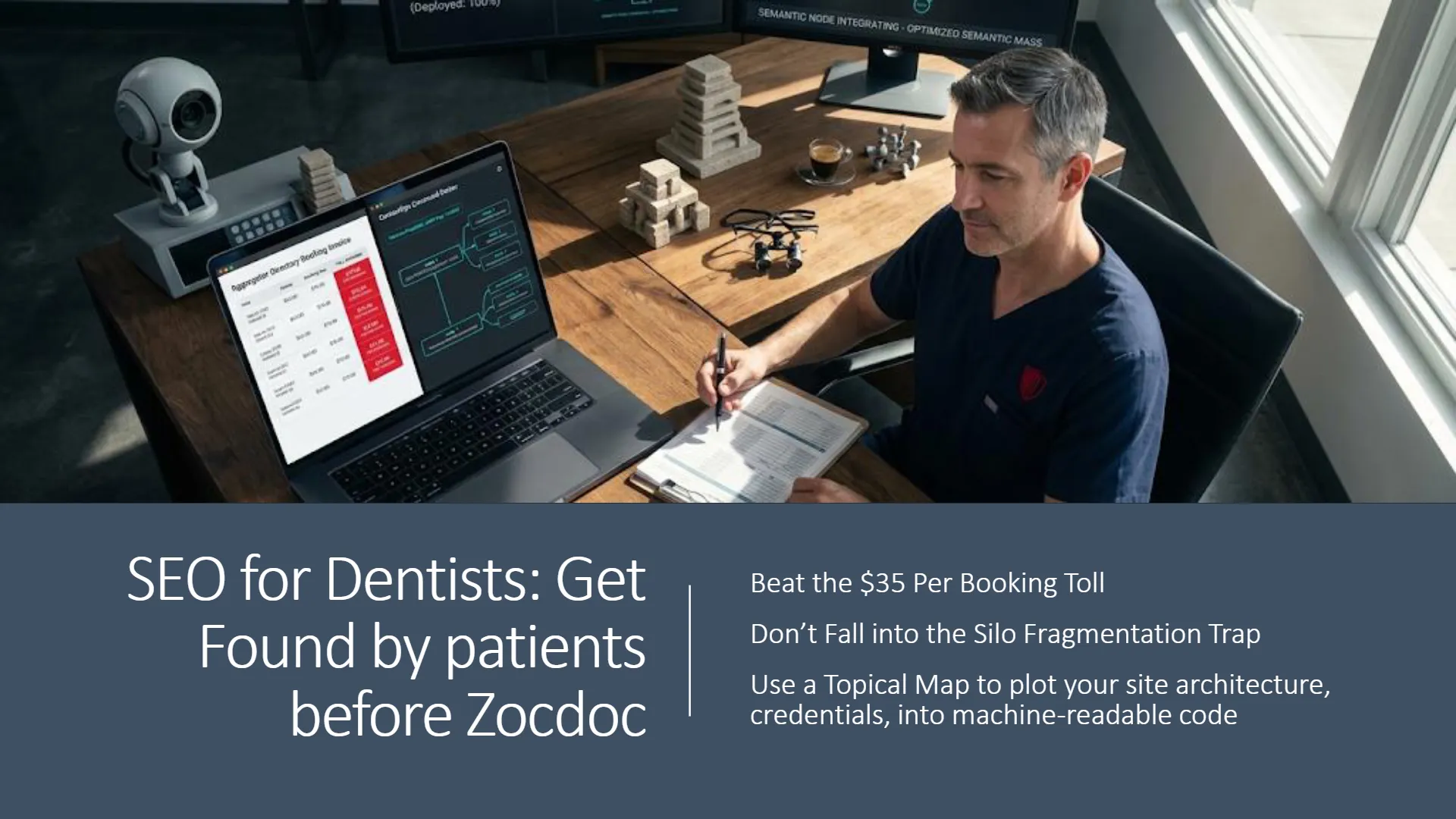A dentist in scrubs reviews documents at a wooden desk with a laptop displaying an 'Aggregator Elementary Booking Invoice' showing booking and cancellation fees, alongside a topical map diagram for site architecture. Overhead monitors show 'SEMANTIC NODE INTEGRATING - OPTIMIZED SEMANTIC MASS.' The slide title reads 'SEO for Dentists: Get Found by patients before Zocdoc,' with bullet points detailing how to 'Beat the $35 Per Booking Toll,' avoid the 'Silo Fragmentation Trap,' and 'Use a Topical Map to plot your site architecture, credentials, into machine-readable code.'