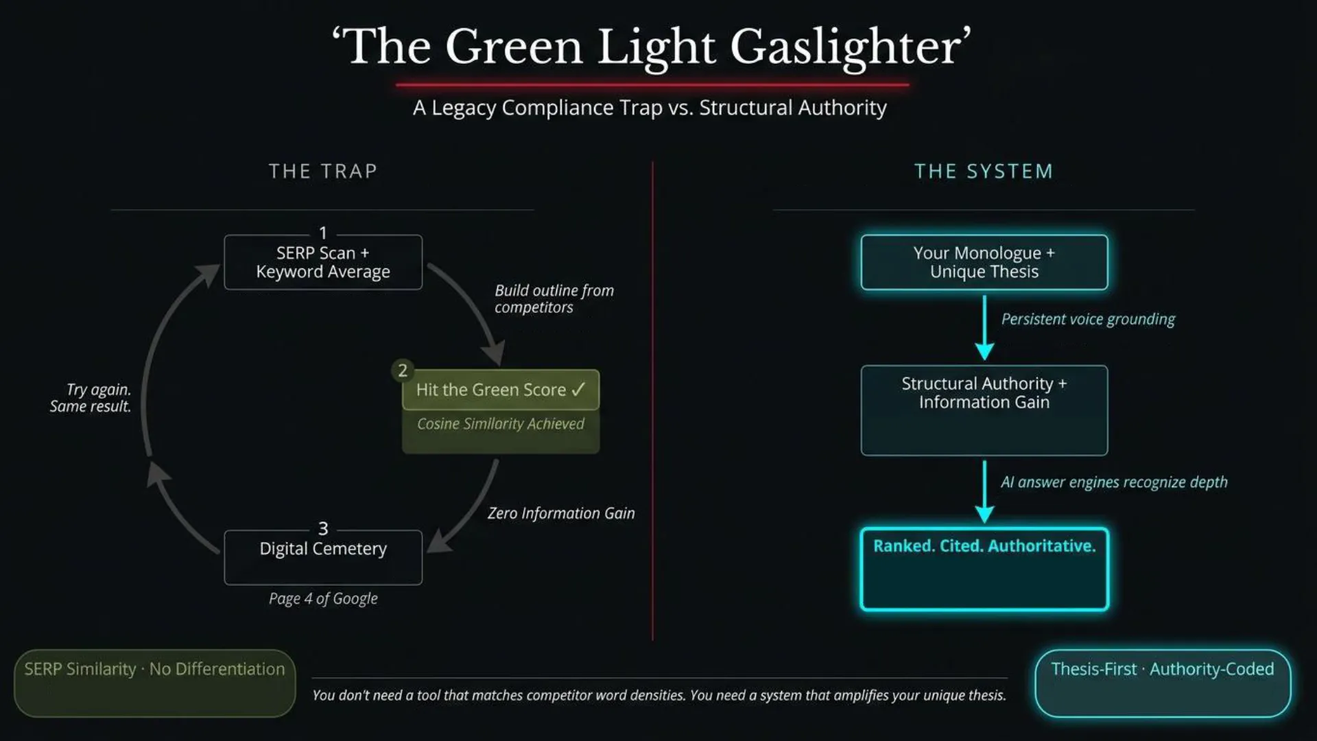 Didactic diagram titled 'The Green Light Gaslighter: A Legacy Compliance Trap vs. Structural Authority'. The 'Trap' side illustrates a cycle of SERP scan, keyword average, hitting a 'Green Score' via cosine similarity from competitors, leading to zero information gain and ending in the 'Digital Cemetery' (Page 4 of Google). The 'System' side shows a linear flow: 'Your Monologue + Unique Thesis' with persistent voice grounding, leading to 'Structural Authority + Information Gain' recognized by AI answer engines, culminating in 'Ranked. Cited. Authoritative.' This visual explains ContentOps' methodology for an effective ai content writing system, emphasizing unique thesis over competitor word density matching.