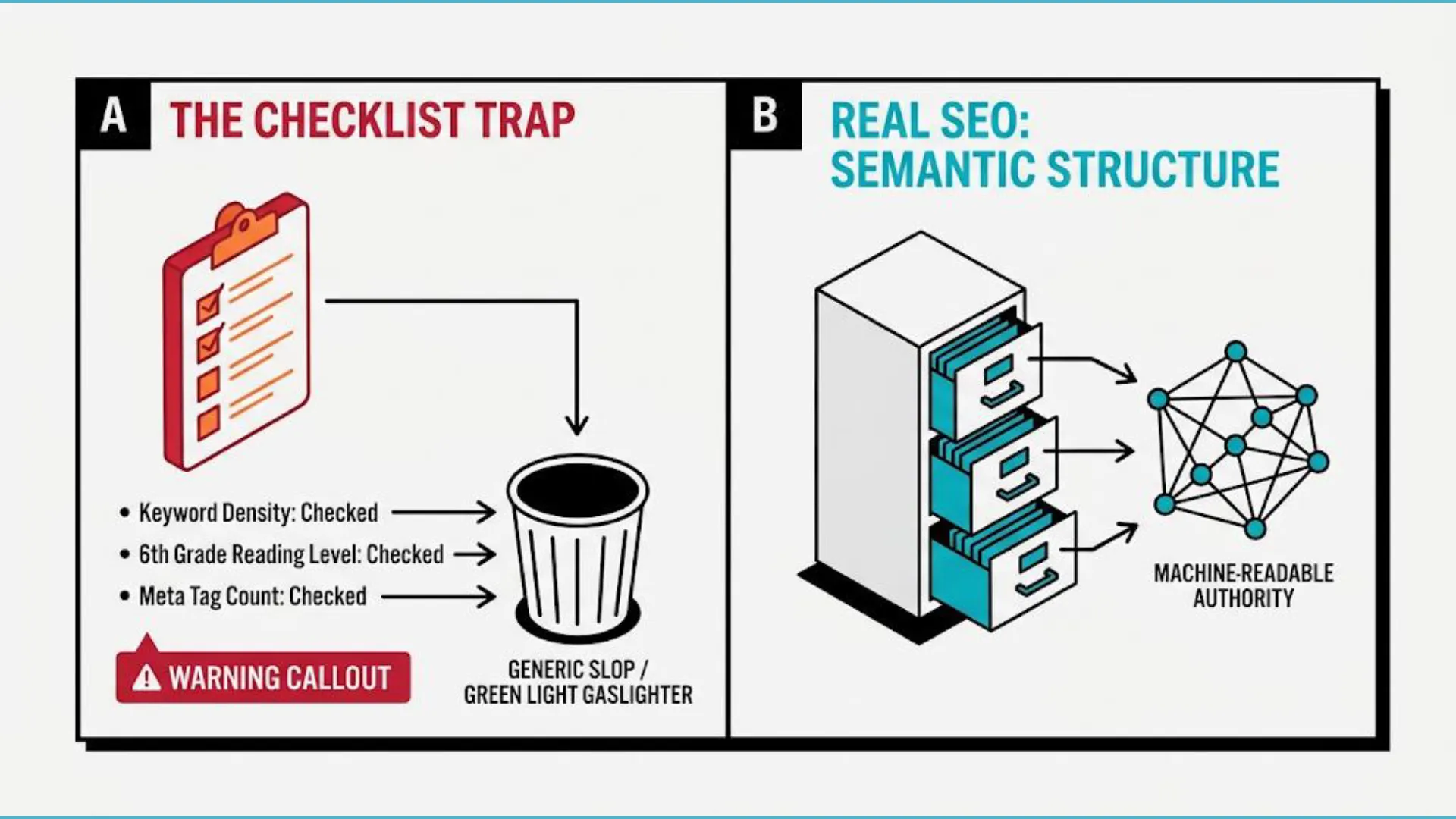 slide-02 Diagram contrasting 'The Checklist Trap' versus 'Real SEO: Semantic Structure.' The Checklist Trap shows a clipboard with checked items (Keyword Density, 6th Grade Reading Level, Meta Tag Count) leading to a trash can labeled 'Generic Slop / Green Light Gaslighter,' accompanied by a 'Warning Callout.' Real SEO illustrates a filing cabinet with open drawers feeding into a network graph representing 'Machine-Readable Authority' via semantic structure.