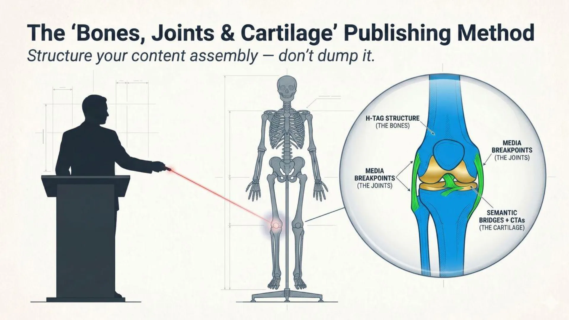 An instructor at a podium uses a laser pointer to illustrate the 'Bones, Joints & Cartilage' Publishing Method, pointing to a human skeleton diagram. A magnified knee joint highlights H-tag structure as 'The Bones,' media breakpoints as 'The Joints,' and semantic bridges with CTAs as 'The Cartilage,' demonstrating a structured approach to content assembly.