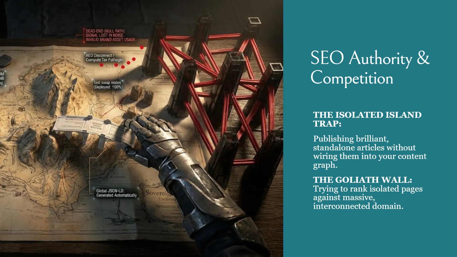 slide-04 A futuristic robotic arm interacts with a topographical map featuring a 3D red laser network structure, symbolizing content connections. Map labels include 'DEAD-END (NULL PATH) SIGNAL LOST IN NOISE INVALID BRAND ASSET USAGE', 'AEO Disconnect / Compute Tax Pathogen', 'Text-swap nodes (Deployed: 100%)', and 'Global JSON-LD: Generated Automatically'. The right panel, titled 'SEO Authority & Competition', defines 'THE ISOLATED ISLAND TRAP: Publishing brilliant, standalone articles without wiring them into your content graph' and 'THE GOLIATH WALL: Trying to rank isolated pages against massive, interconnected domain'.
