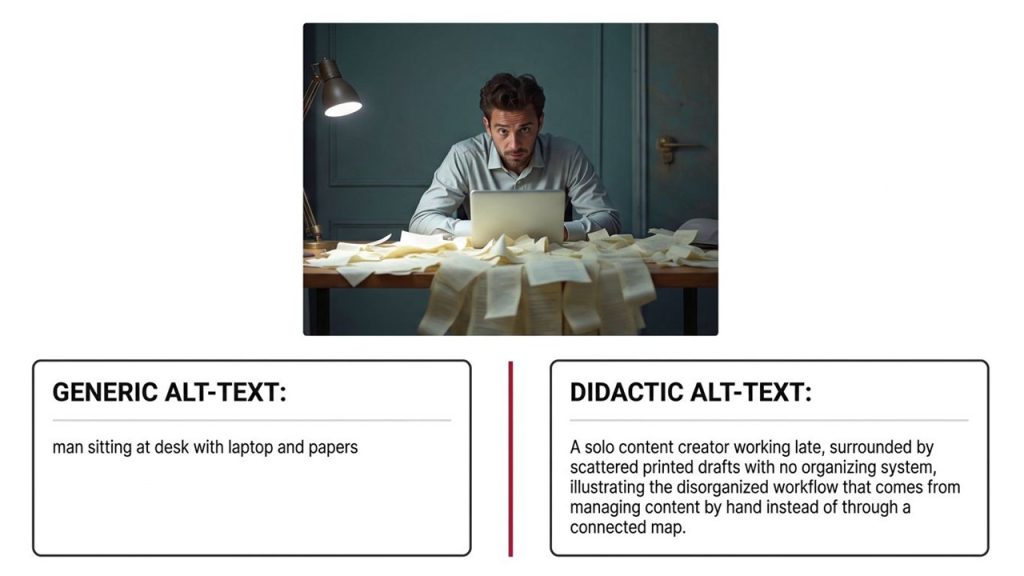 A slide comparing two alternative text descriptions for a central image. The central image shows an overwhelmed man with an open laptop, sitting at a wooden desk completely covered in scattered papers, illuminated by a desk lamp. The left text box is labeled 'GENERIC ALT-TEXT:' with the description 'man sitting at desk with laptop and papers.' The right text box is labeled 'DIDACTIC ALT-TEXT:' with the description 'A solo content creator working late, surrounded by scattered printed drafts with no organizing system, illustrating the disorganized workflow that comes from managing content by hand instead of through a connected map.'