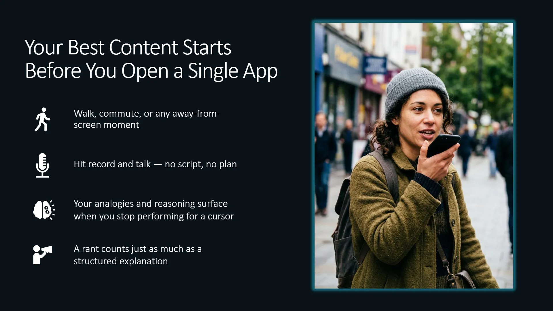 A practitioner records unscripted thoughts into a smartphone while walking outdoors, demonstrating the initial step of capturing raw expertise for content creation.