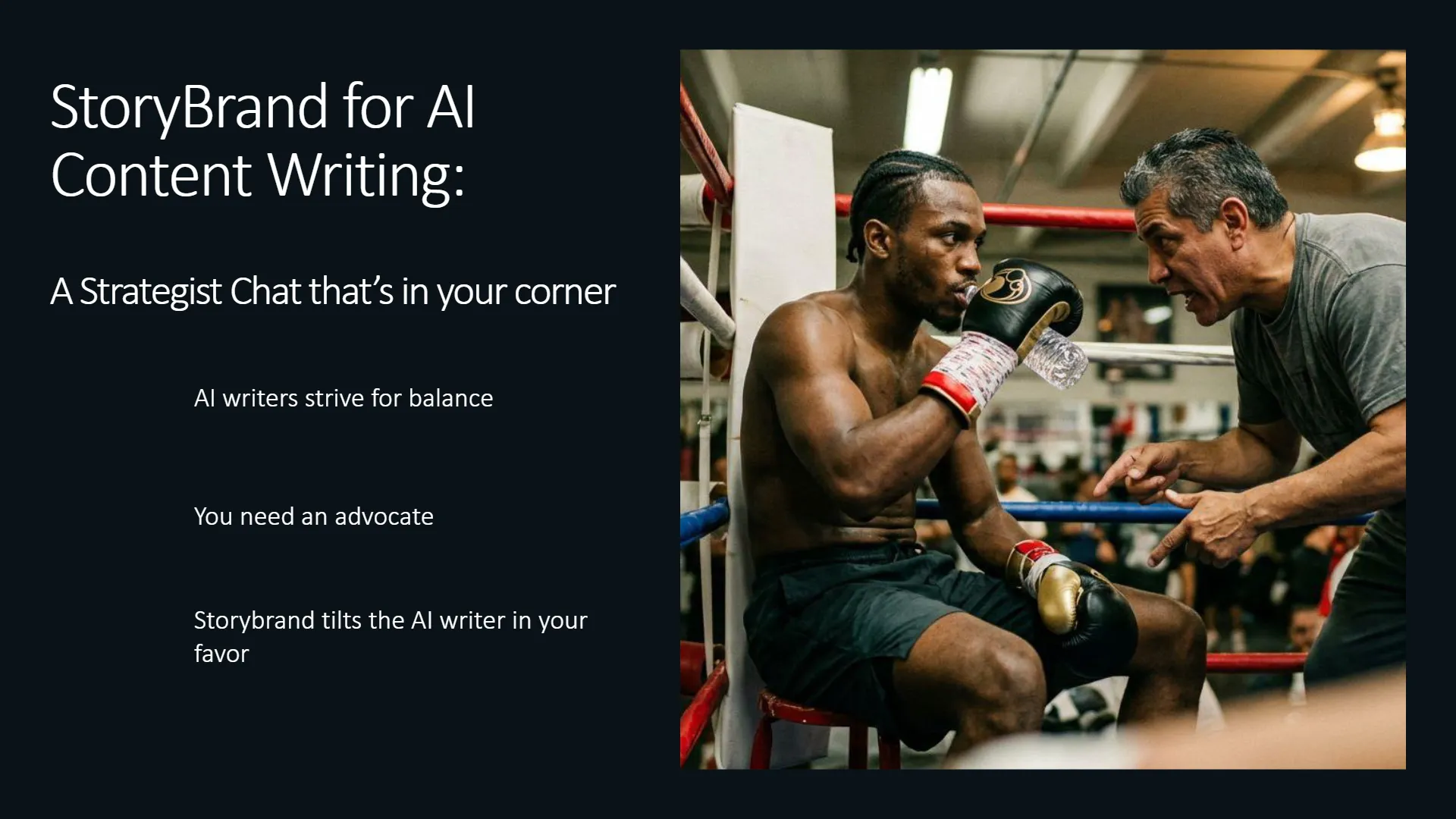 A boxing coach intently instructs a boxer resting on a stool in the corner of a boxing ring. The coach, an older man, leans in and points with both hands while speaking to the boxer, who is wearing boxing gloves, drinking from a water bottle, and listening attentively. This candid scene illustrates the concept of a strategic advocate providing guidance and support.