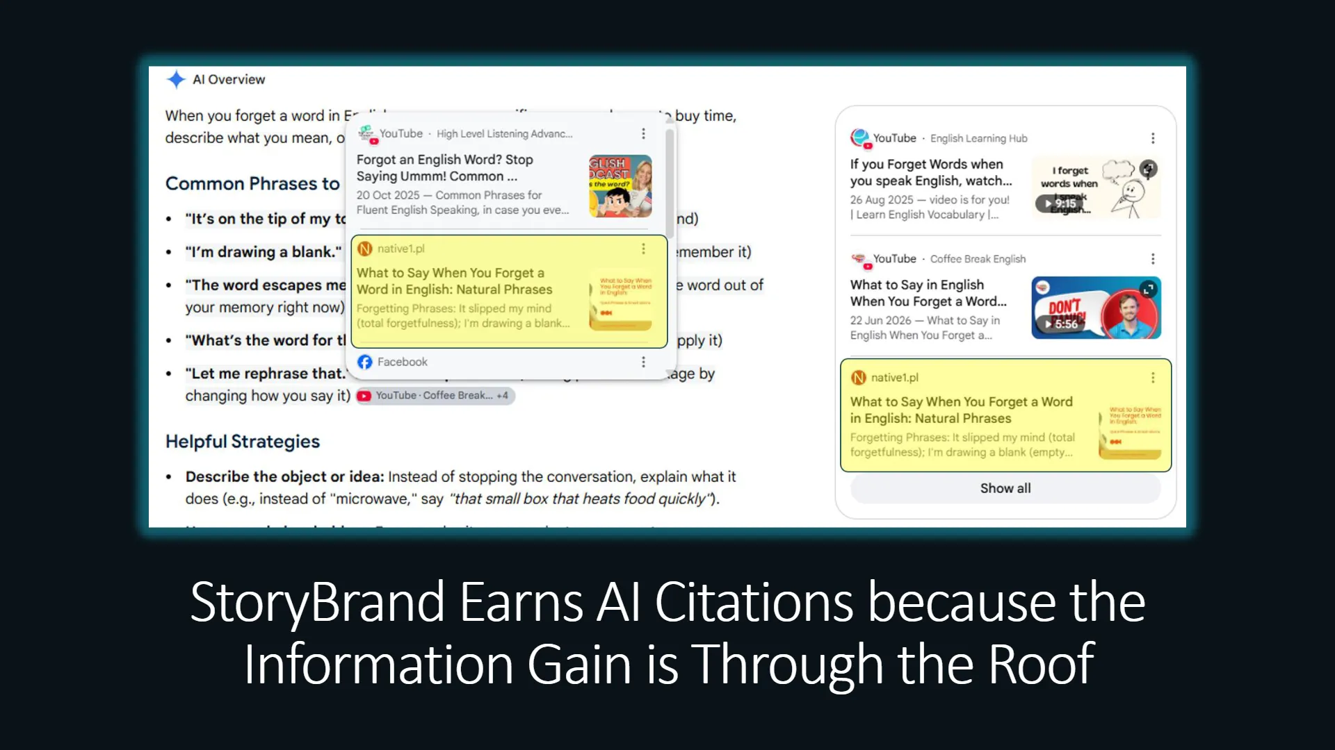 An AI Overview interface displays search results and common phrases for forgetting words in English, serving as a didactic example of AI's information processing. The overlay text, 'StoryBrand Earns AI Citations because the Information Gain is Through the Roof,' highlights the value of structured frameworks in enhancing AI content generation.
